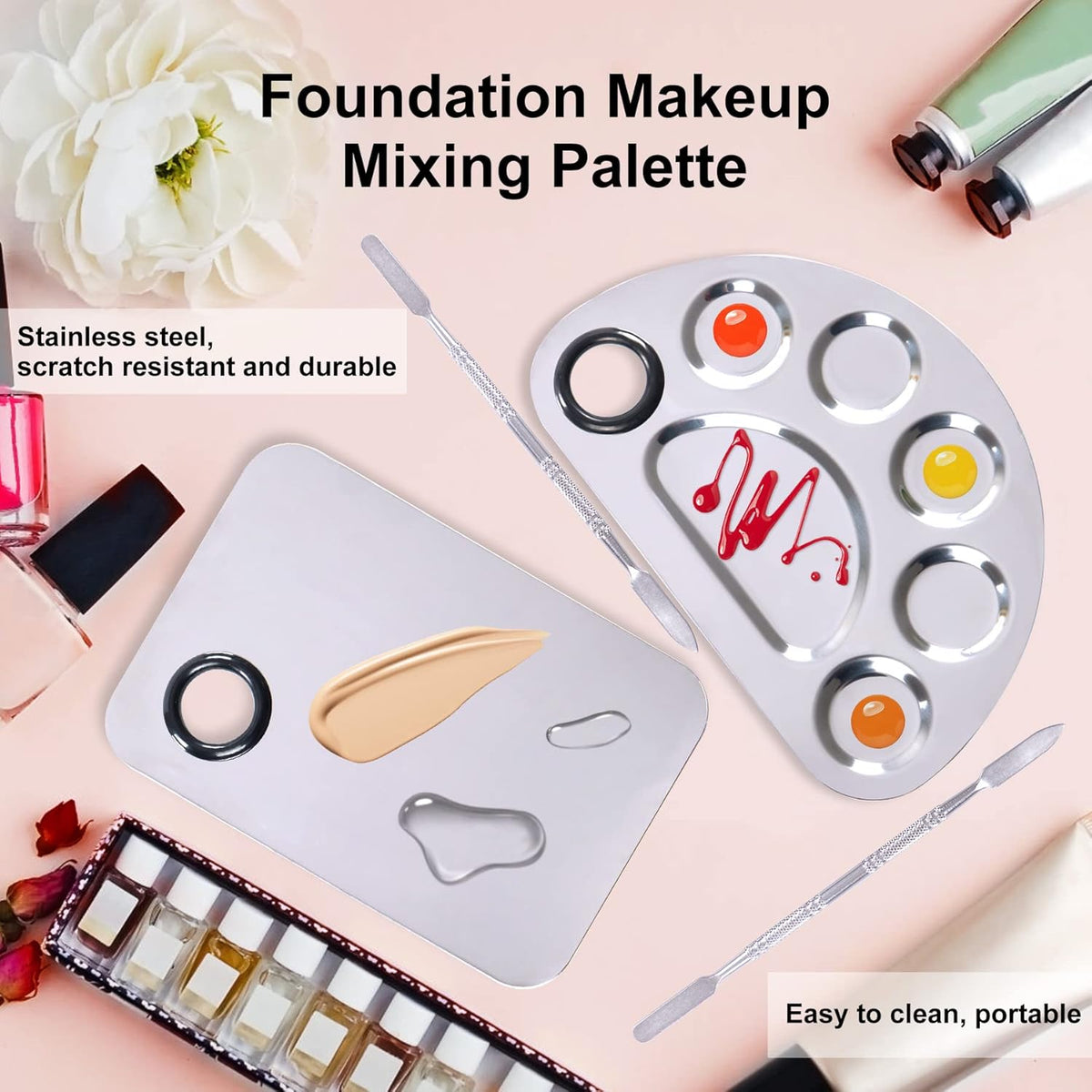 Makeup Palette, Makeup Mixing Palette, Stainless Steel Metal Foundation Palette with Spatula Artist Tool for Mixing Foundation Nail-Art, Cosmetic Mixing Makeup Palette, Makeup Plate, 6×4"/Silver/2pcs
