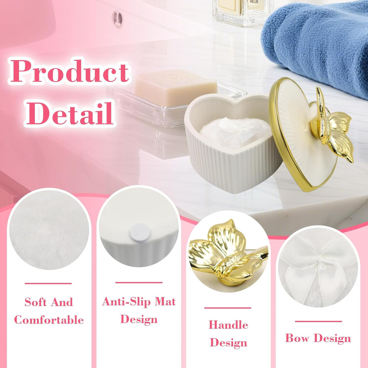 Large Body Powder Puff and Container, Ceramics Dusting Powder Container with 2 PCS Washable Heart Shaped Body Puff, Butterfly Dusting Case for Wet and Dry Makeup (White)