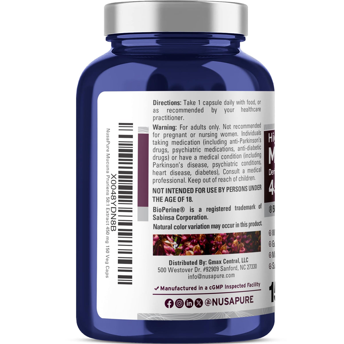 NusaPure Mucuna Pruriens Capsules, 450 mg, 150 Veggie Capsules (Gluten Free, Non-GMO)