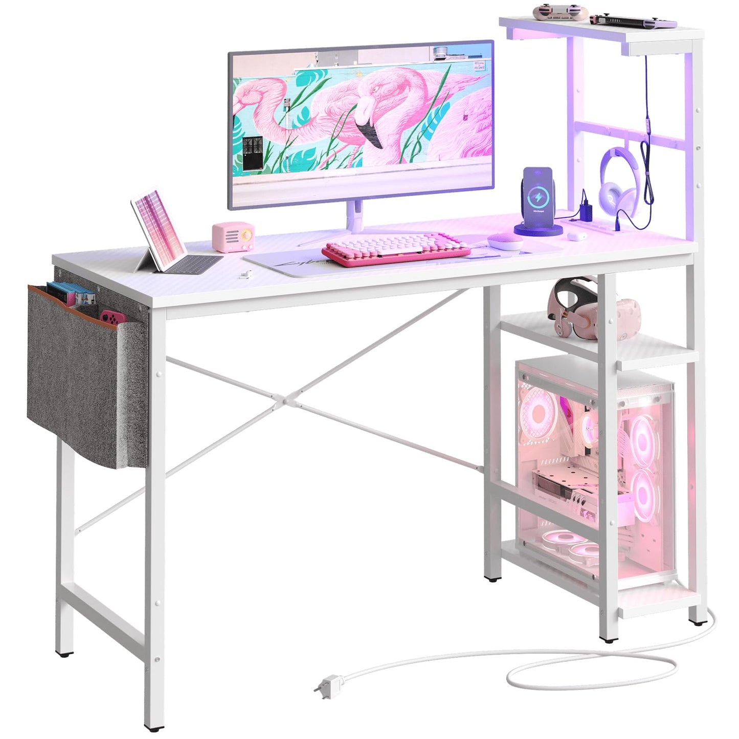Bestier Gaming Desk with Power Outlets, 44 Inch Led Gamer Desk with 4 Tiers Reversible Shelves, PC Gaming Table with Headset Hook & Side Storage Bag for Bedroom (White 3D Carbon Fiber)