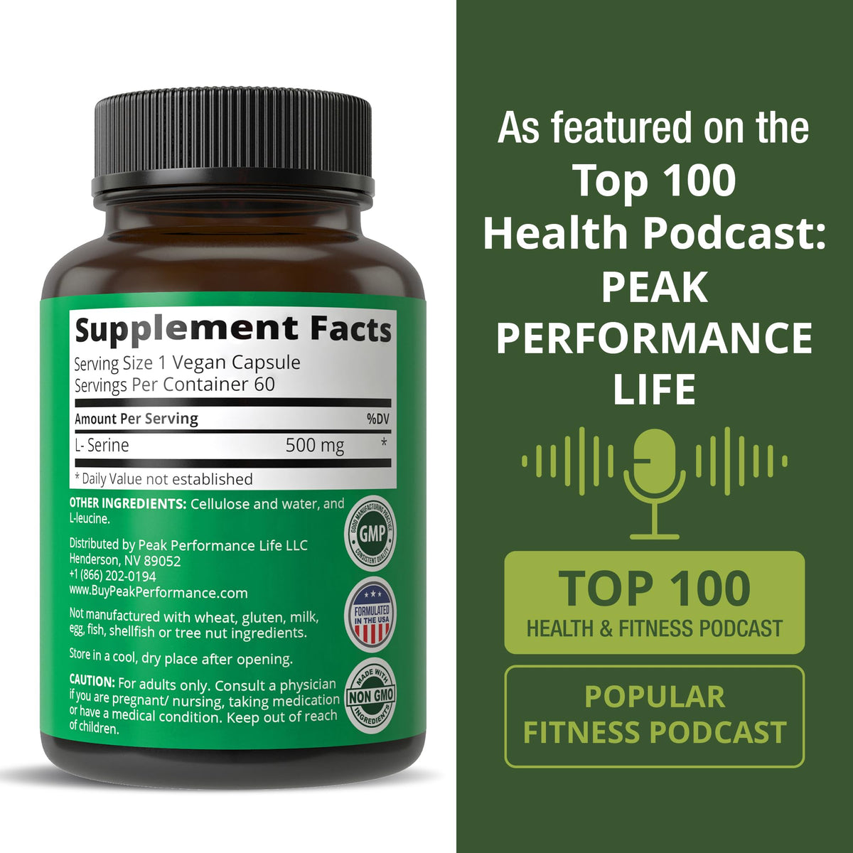 Peak Performance L-Serine Capsules 500mg Best Brain and Nootropic Amino Acids for Production of L-Cystine, L-Tryptophan and Serotonin - USA Grade Pills - Gluten Free, Non-GMO Supplement - 60 Servings