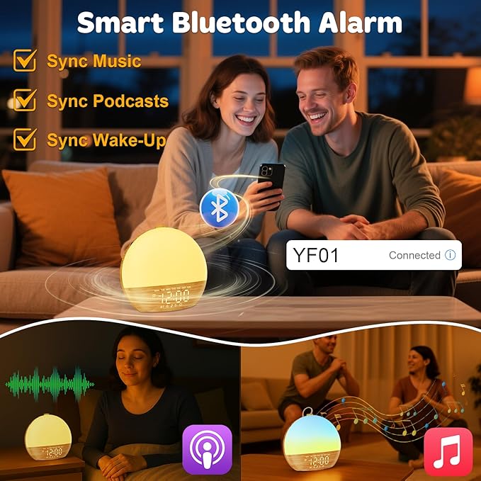 White Noise Sound Machine: Wood Grain, 30 Sleep Sounds, Bluetooth, Sunrise Alarm Clock with Dual Alarms, Adjustable Brightness,Wake-Up Light, Ideal for Bedroom, Office, Kids & Adults