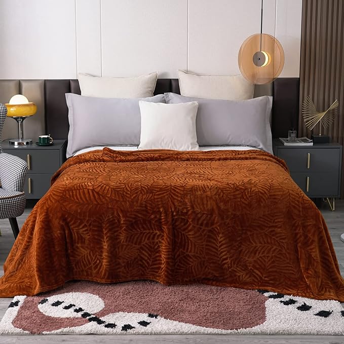 SOCHOW Super Soft Flannel Fleece Bed Blanket, Lightweight Cozy Warm Leaves Textured Plush Blanket as Bedspread Coverlet Bed Cover for All Seasons, 90 x 90 Inches, Caramel