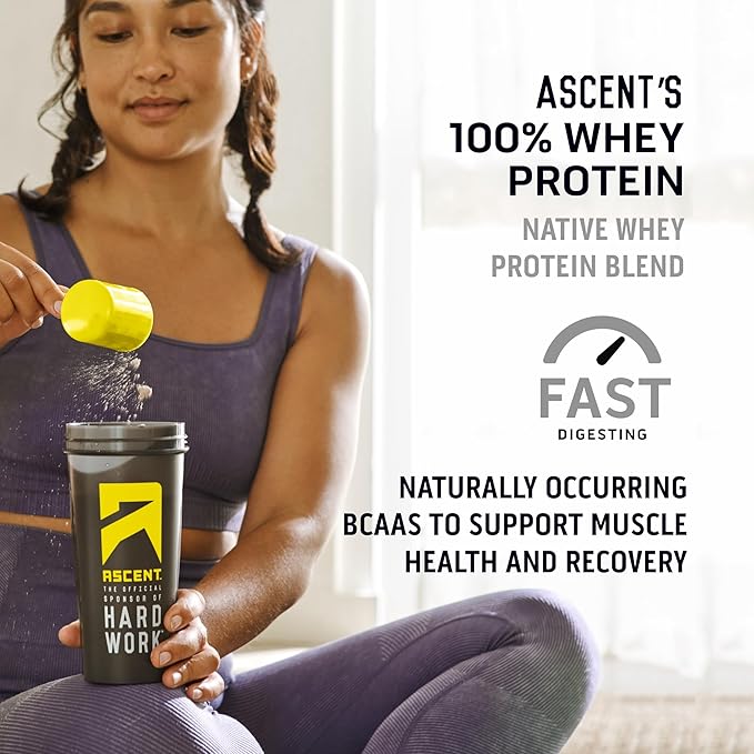 Ascent 100% Whey Protein Powder - Post Workout Whey Protein Isolate, Zero Artificial Flavors & Sweeteners, Gluten Free, 5.5g BCAA, 2.6g Leucine, Essential Amino Acids, Cookies & Cream 1.7 lb