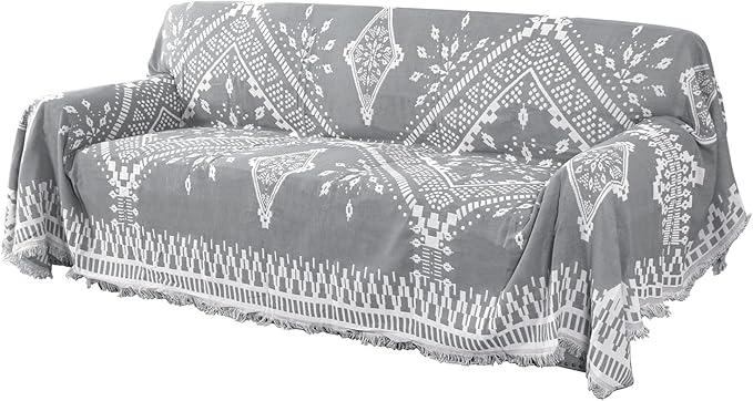 H.VERSAILTEX Reversible Sofa Cover Couch Cover for Dog Sofa Slipcover for Most Shape Sofa Furniture Protector with Tassels Sectional Couch Cover (XX-Large: 91" x 134", Dove Grey/White)