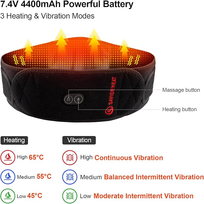 Heating Pad Lower Back Massager Wrap for Back Pain Relief, Heated Waist Belt with Vibration Massage 7.4V 4400mah Battery Heat Therapy, for Lower Back Lumbar Waist Abdominal Stomach Spine (Small)