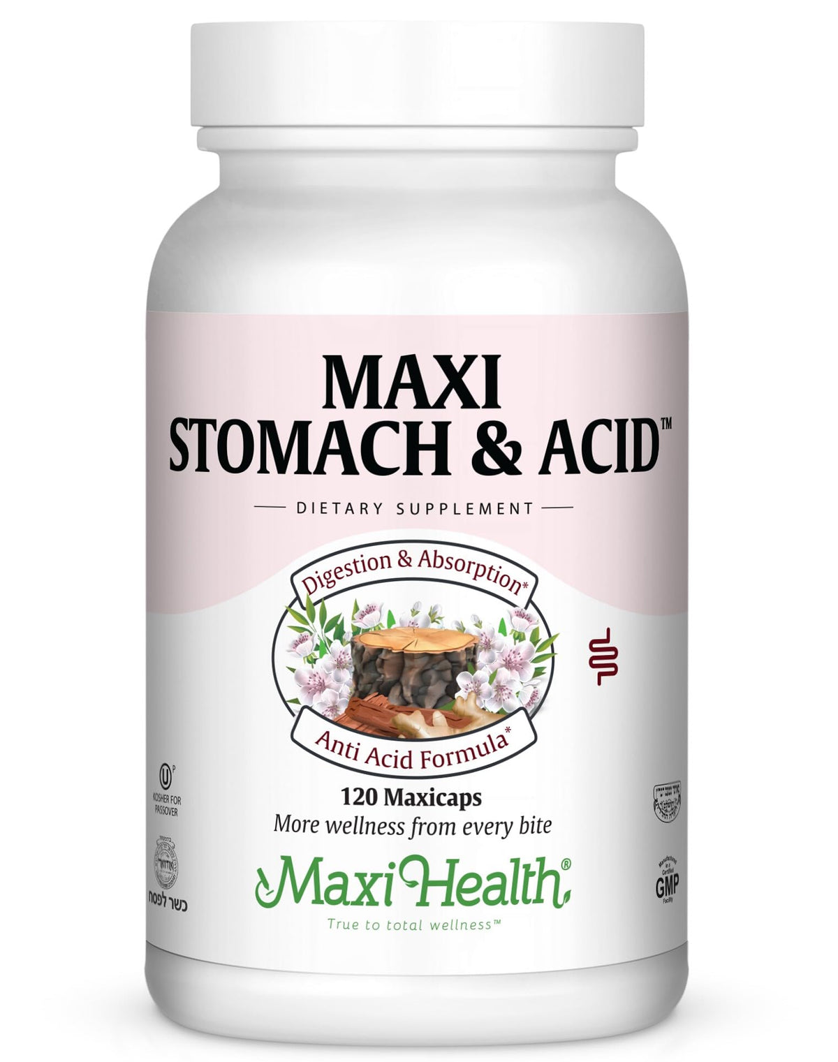 Maxi Health Stomach Soothe – Full Spectrum Acid Soothe Formula for Occasional Digestive Concerns & Stomach Comfort – Made with Slippery Elm Bark Powder – Kosher, 120 Capsules