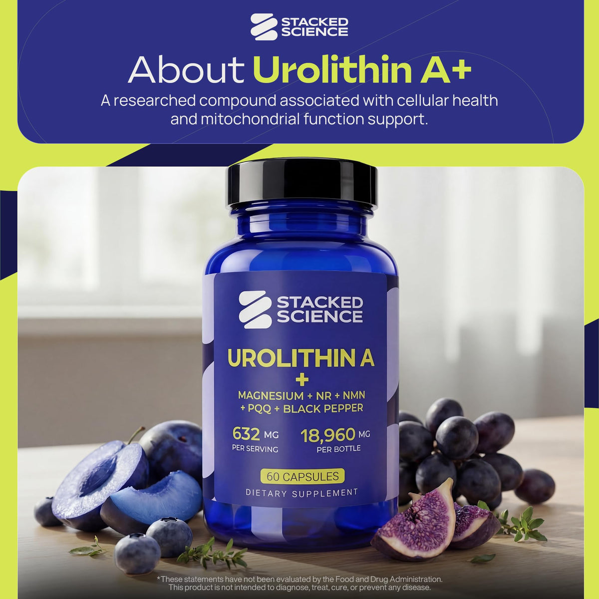 Stacked Science Urolithin A 1000mg Supplement with NMN, NR, PQQ, Magnesium Bisglycinate & Black Pepper Extract, Cellular Energy Support, 60 Veg Capsules, 30 Servings