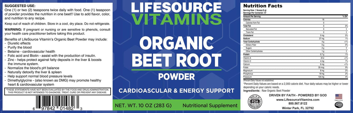LifeSource Vitamins Beet Root Powder - Organic 10 oz - 57 Servings - US California Beets - Non-GMO