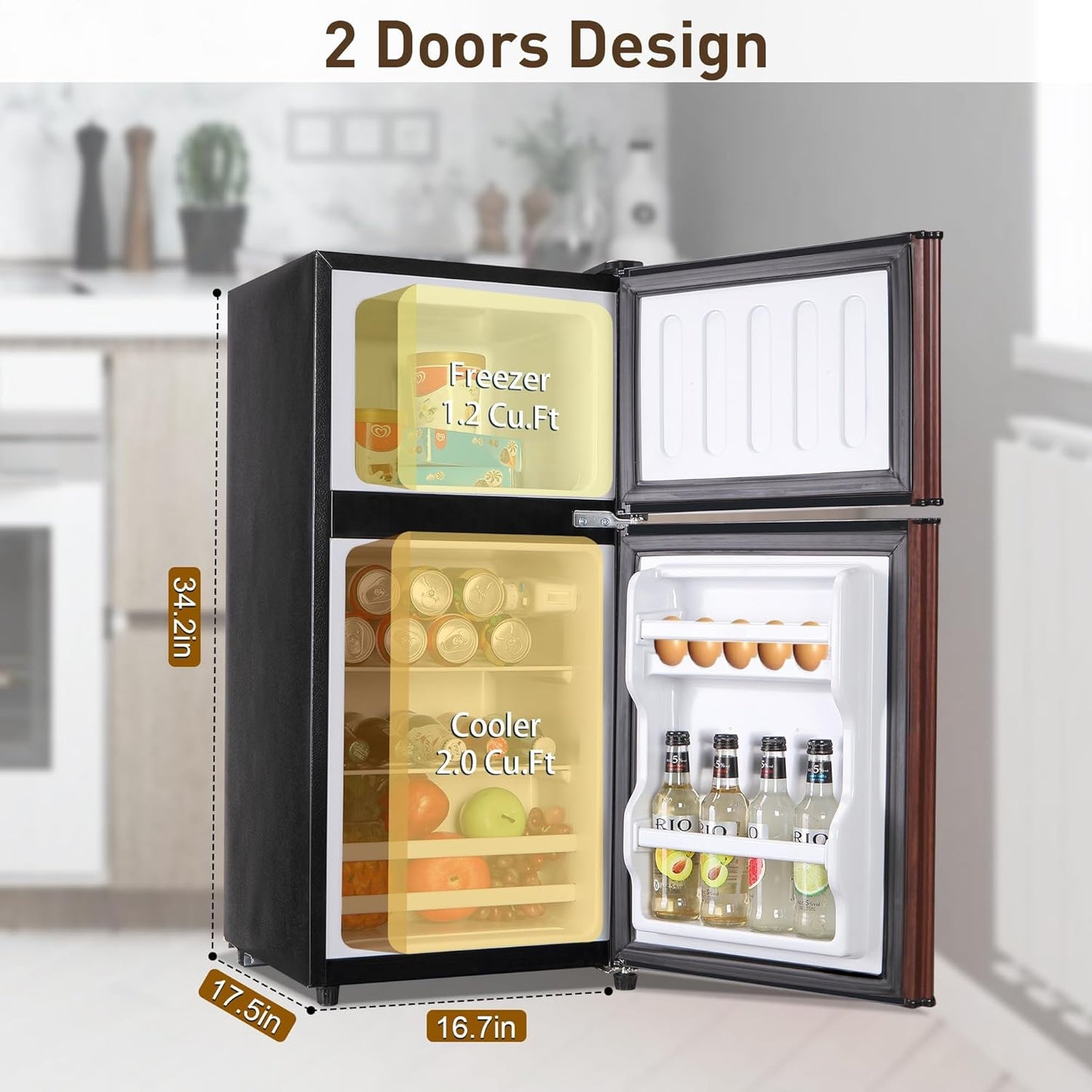 Mini Fridge with Freezer, 3.2 Cu. Ft. Small Fridges with Freezer, Refrigerators Adjustable Thermostat, Apartment Size Refrigerator with Freezers for Office, Apartment, Dorm, Kitchen, Wood