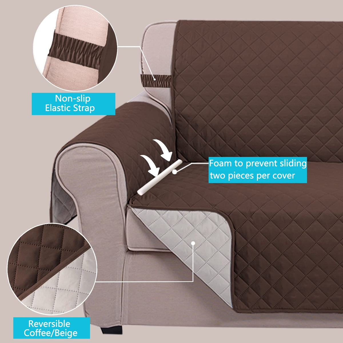 U-NICE HOME Recliner Chair Covers Reversible Chair Cover Pet Covers for Dogs with Elastic Straps Water Resistant Diamond Quilted (23''Recliner Small, Coffee/Beige)