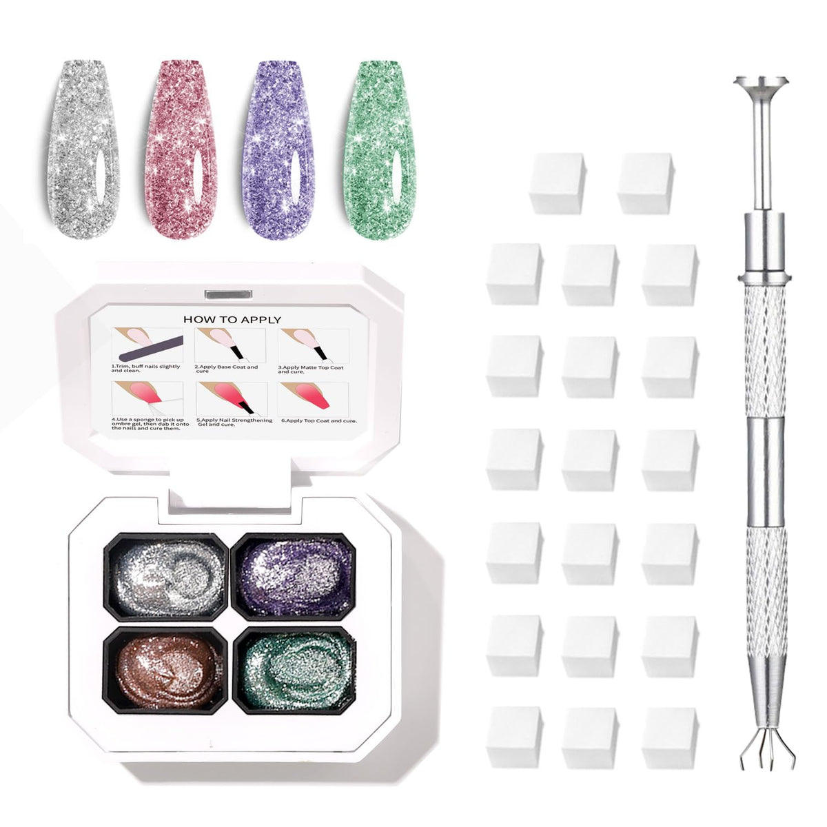 Finger Secret 4 Colors Set Ombre Pat Gel Glitter Nail Polish Shine,Patting Ombre Pigment Palette for Nail with 20Pcs Nail Sponges for Gradient Gel Painting Nail Art Ombre Pat Gel Nail Polish