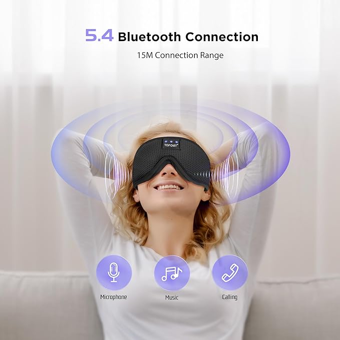 Sleep Mask with Bluetooth Headphones Wireless, TOPOINT 3D Eye Mask for Sleeping Headphones Women Men with Noise Canceling Earbuds, Thin Speaker, Blackout, 15 Hours for Travel, Meditation, CPAP Users
