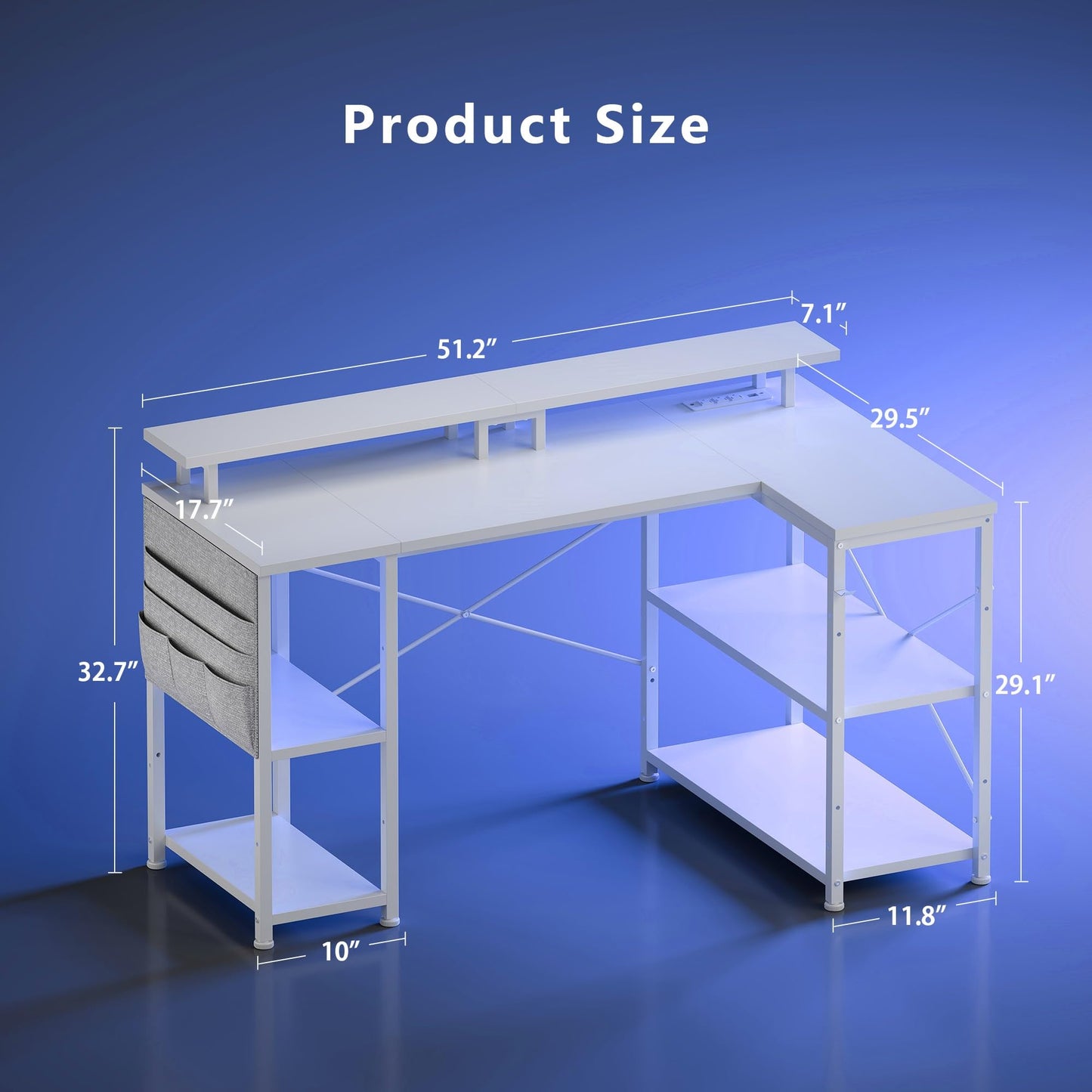 Maihail 51 inch L Shaped Desk with LED Lights & Power Outlets, Reversible Gaming Desk with Shelves & Monitor Stand, Computer Desk with Storage Side Bag，Corner Desk for for Bedroom Gaming Room, White.