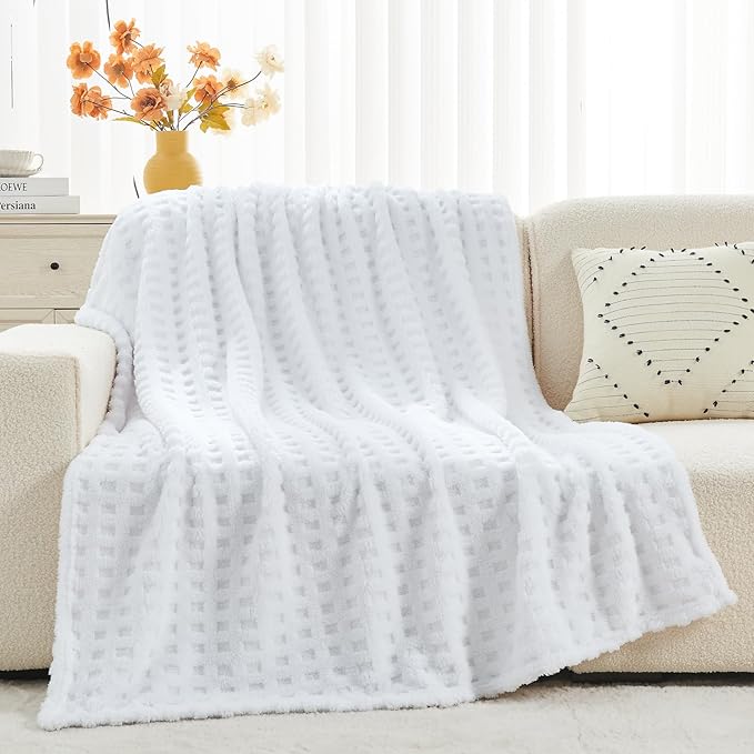 NEWCOSPLAY Super Soft Throw Blanket White Premium Silky Flannel Fleece 3D Waffle Checkered Lightweight Bed Blanket All Season Use (White, Throw(50"x70"))