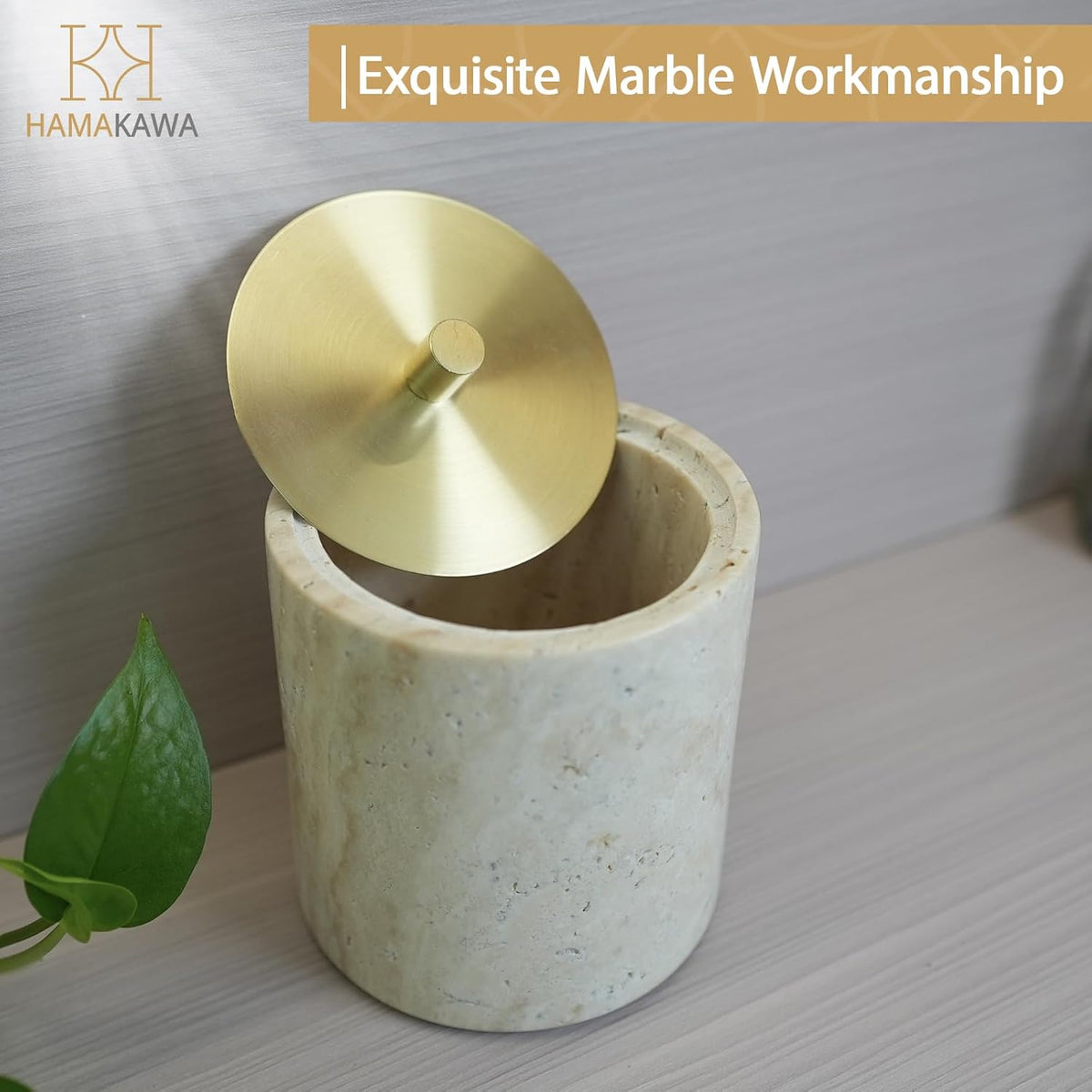 Qtip Holder With Brass Lib, Beige Travertine Cotton Swab Jars 4 Inch, Modern Round Marble Canister, Small Apothecary Storage Jars for Bathroom, Bedroom, Vanity, Kitchen Cabinet