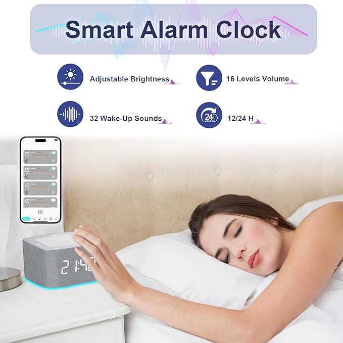 Sound Machine Alarm Clock for Baby Adult, 32 Soothing Sounds White Noise Machine, Night Lights Bluetooth Speaker, APP Control Noise Machine with Dimmable Clock for Kids Teens