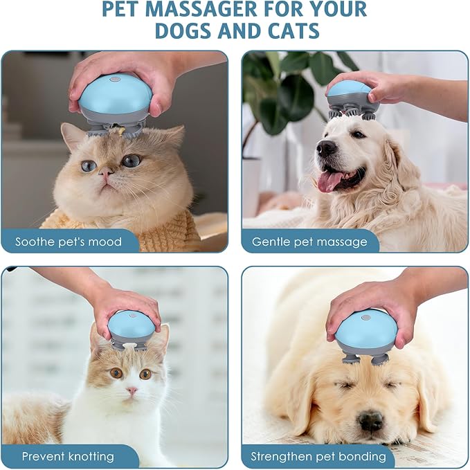 Upgraded Handheld Pet Massager for Dogs and Cats, Electric Cat Dog Massager, with 4 Rotatable Massage Heads, Three Modes, for Relieving Tight Stiffness Muscles, Promote Bonding (Light Blue)
