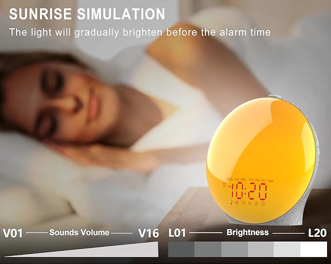 Wake Up Light Sunrise Alarm Clock for Kids, Heavy Sleepers, Bedroom, Upgraded Full Screen with Sunrise Simulation, Sleep Aid, Dual Alarms, FM Radio, Nightlight, 14 Colors, 7 Sounds, Fabric Light Gray