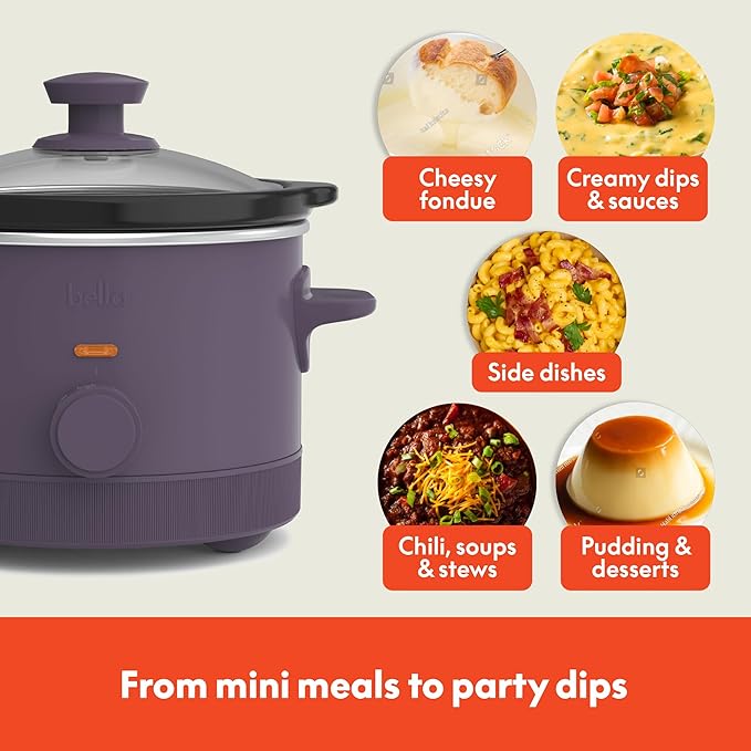 bella 1.5 Qt Slow Cooker with 3 Heat Manual Control, EverGood™ Ceramic Nonstick Coating, Dishwasher Safe Stoneware Pot and Tempered Glass Lid, Tangle Free Cord Wrap & Cool Touch Handles, Plum
