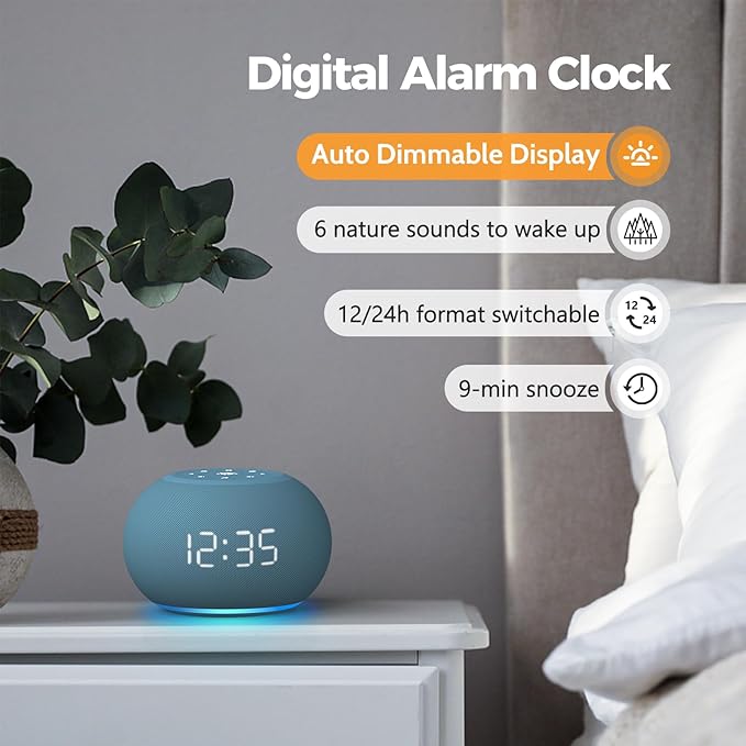 Reacher Auto-Brightness Alarm Clock Sound Machine, 20 Soothing Sounds, 8 Colors Night Light, Auto-Off Timer, 0-100% Dimmable Digital Display, Precise 30-Level Volume White Noise Machine