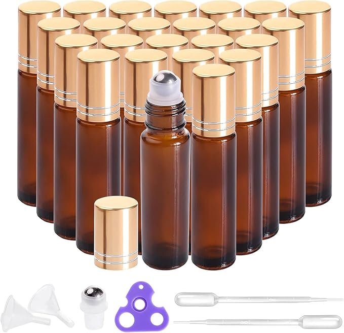 PrettyCare 24 Pack, 10 ml Essential Oil Roller Bottles with Stainless Steel Roller Ball - Refillable Leak-proof Empty Thick Amber Glass Roll on Bottles with Metal Caps for Travel, Perfume