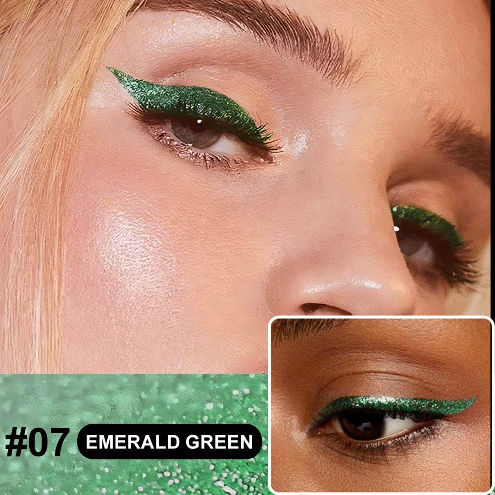 2PCS Metallic Glitter Coloured Liquid Eyeliner Pens Set03 – Waterproof Mark Emerald or Blue Long-Lasting Sparkly Eye Lin Makeup – Tattoo-Effect Ink Liners for Women & Men,Delineador Líquido con Brillo