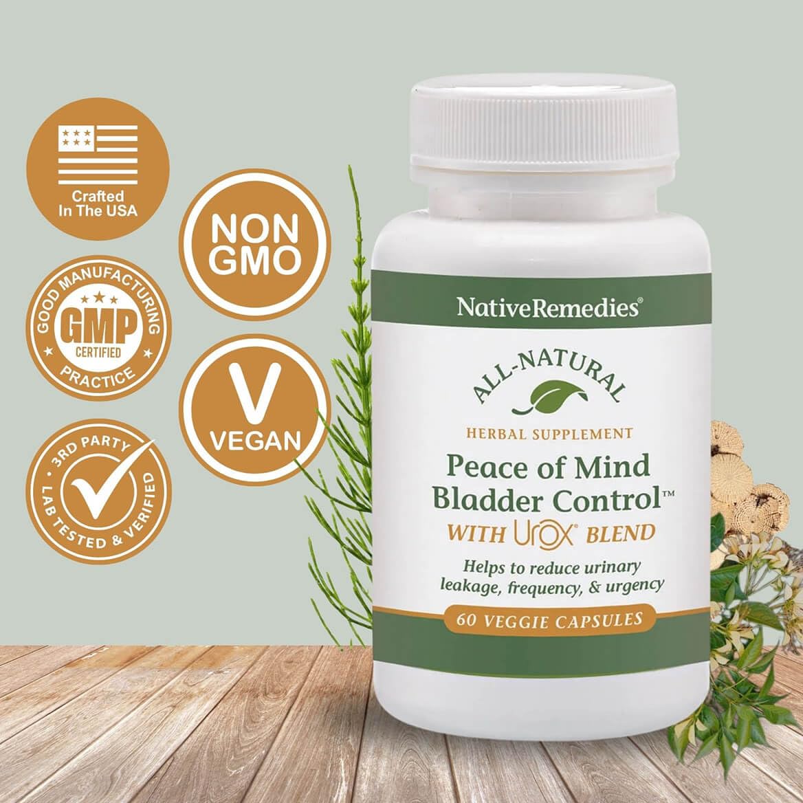 Native Remedies Bladder Control Supplements - Peace of Mind with Urox - Bladder Support for Women & Men, for Overactive Bladders Health - Reduce Nighttime Urination - Non-GMO Vegan Capsules (60 Count)