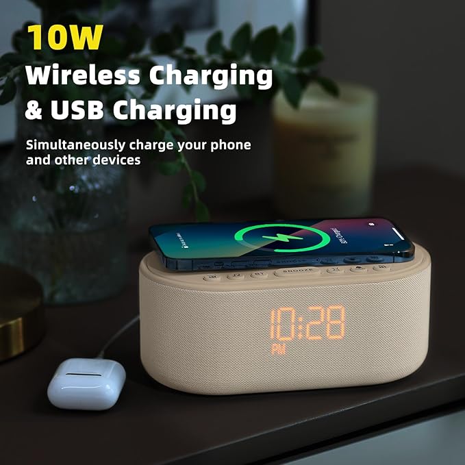 Sound Machine Alarm Clock for Bedrooms: Bluetooth 10W Stereo Speaker with Wireless Charging - White Noise Machine for Sleeping with 21 Soothing Sounds - Putty