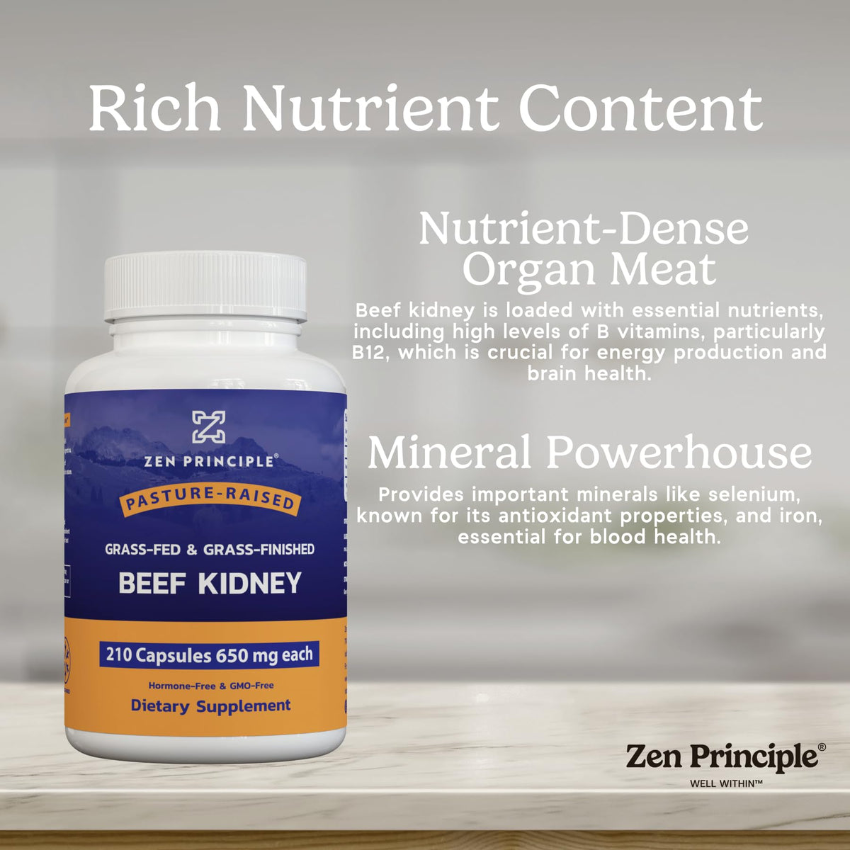 Zen Principle Grass Fed Beef Kidney Supplement, 210 Capsules, 3000 mg. DAO Enzyme for Histamine Health. Selenium and B12 for Thyroid Support.