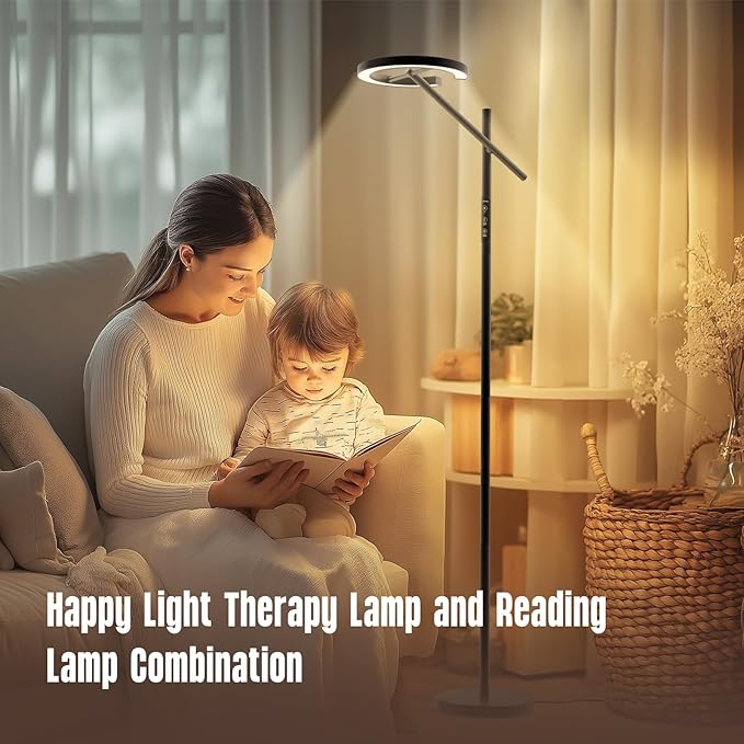 GLOWRIUM-H1B Light Therapy Lamp 12000 Lux, LED UV-Free Sun Lamp, Full Spectrum Happy Natural Mood Therapy, Stepless Dimmable Modern Sunlight Floor Light with Remote and Timer