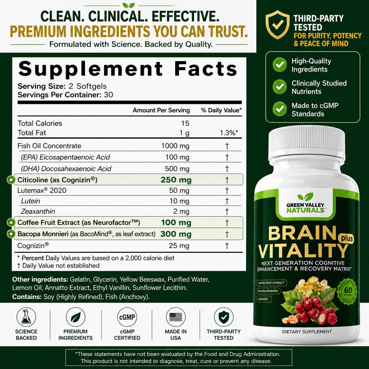 Green Valley Naturals Brain Vitality Plus with Cognizin & DHA – 60 Softgels