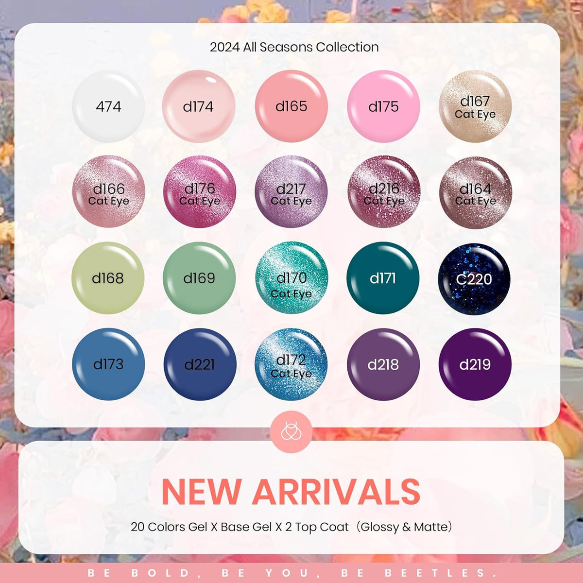 beetles Cat Eye Gel Polish Set - Floral Verses 20 Colors Fall Winter Gel Polish Kit, Blue Pink Purple Green Shimmer Nail Colors, with Magnet Stick Glossy & Matte Gel Top Base Coat UV Gifts for Women