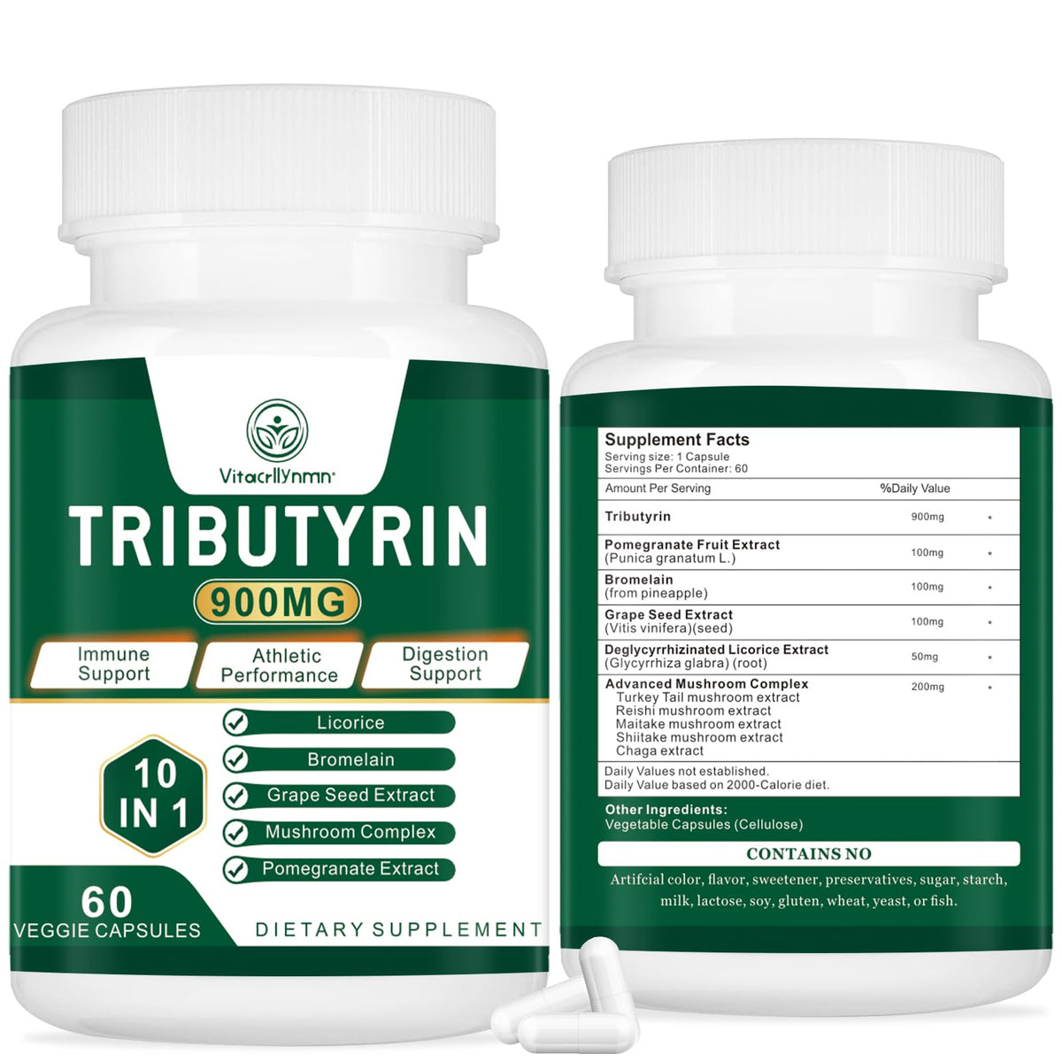 VITACRLLYNMN Tributyrin Supplement - Butyrate Precursor for Gut Barrier Support, Leaky Gut Support, Digestion 60 Count