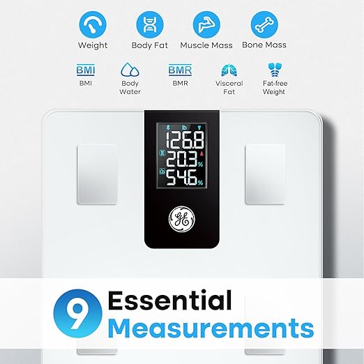 GE Smart Body Fat Scale: with BMI for Body Weight and Fat Percentage Composition Digital Bathroom Weight Scale Bluetooth with Large LCD Display Accurate Weighing 396lbs White