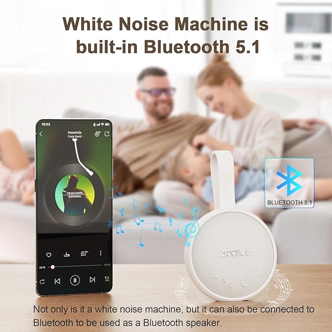 White Noise Sound Machine, Portable Sound Machine for Sleeping Adults & Baby, with Bluetooth 5.1/24 Soothing Sounds/Battery Powered/3 Timer Memory Function for Office/Bedroom/Travel（White）