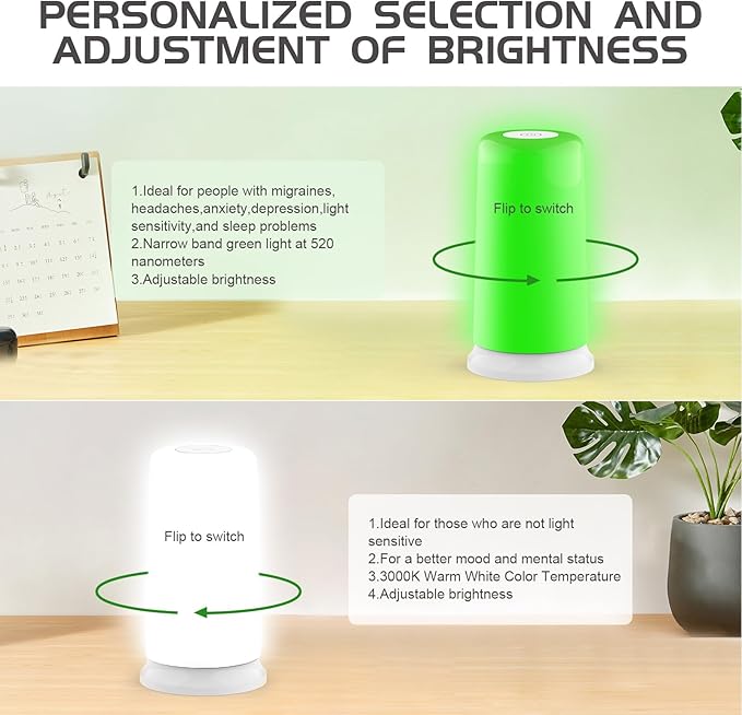 iKeener Green Light Therapy Lamp for Migraines,10000 Lux Mood&Energy Enhancing Light Therapy Lamp for Headaches,Insomnia,Anxiety Relief,Relaxation,Adjustable Warm White&Green Brightness