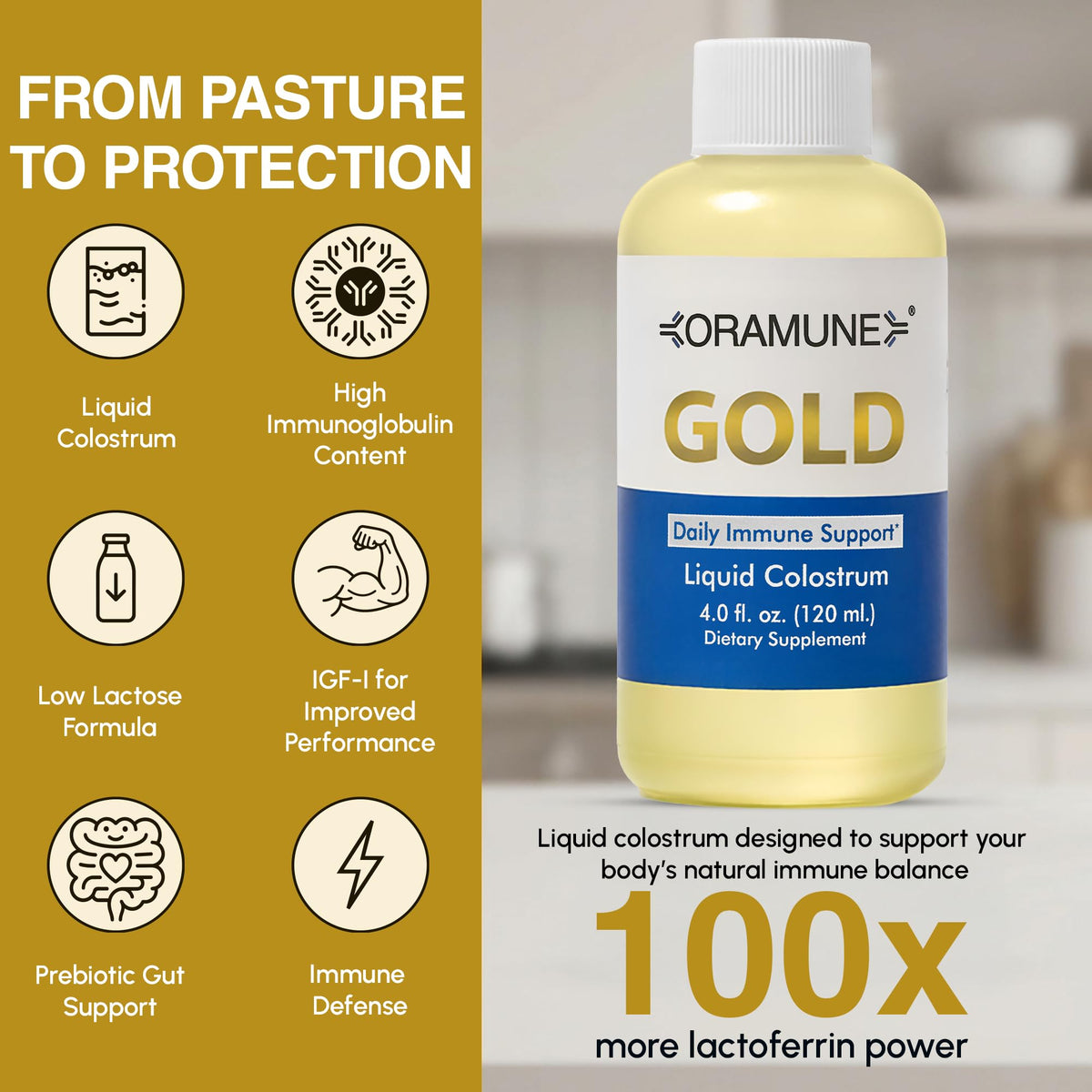 Oramune Gold Immune Support Supplement with Transfer Factor and Pure Colostrum Gold Liquid Bovine Colostrum – Rich in Lactoferrin, Insulin-Like Growth Factor-I (IGF-I) for Immune Strength– 4 fl oz