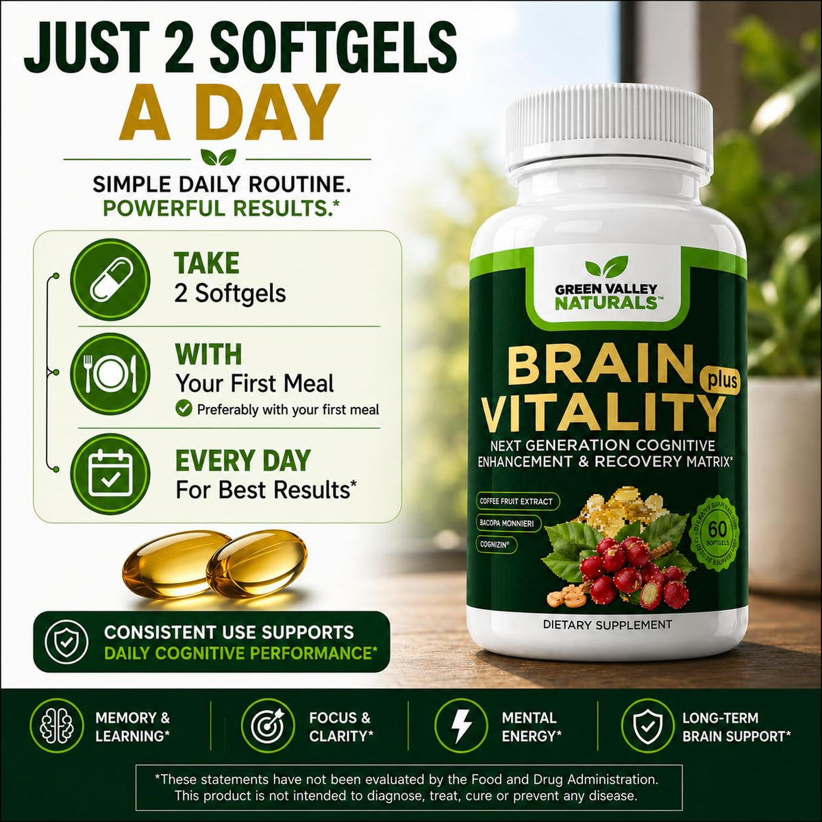Green Valley Naturals Brain Vitality Plus with Cognizin & DHA – 60 Softgels