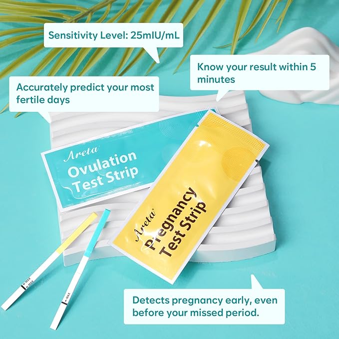 Areta Ovulation & Pregnancy Test Strips: 30 Ovulation Strips & 10 Pregnancy Tests Combo Kit | Accurate at-Home Fertility Tracker | Highly Sensitive Early Pregnancy Detection | 30 LH + 10 HCG