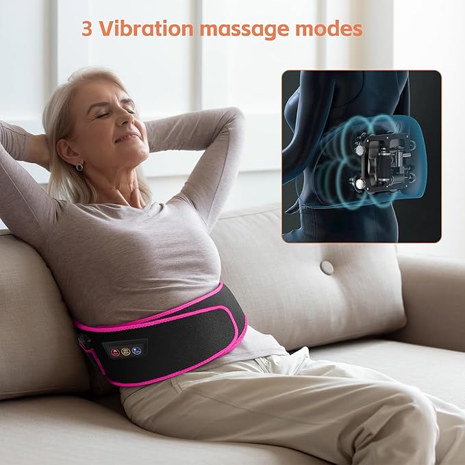SHINE WELL Back Massager Belt for Pain Relief, Red Light Therapy Massage Belt with 3 Heat Levels and Vibrating, Lower Back Massager FSA Eligible,Battery Powered