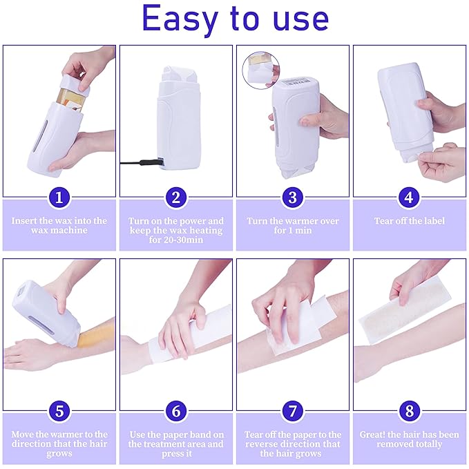 Pinkiou Roll on Wax Kit for Hair Removal Wax Roller Kit Skin Care Wax Up Waxing Warmer with Cartridge Honey Wax Strip at Home Wax Kit for Arm Leg Bikini