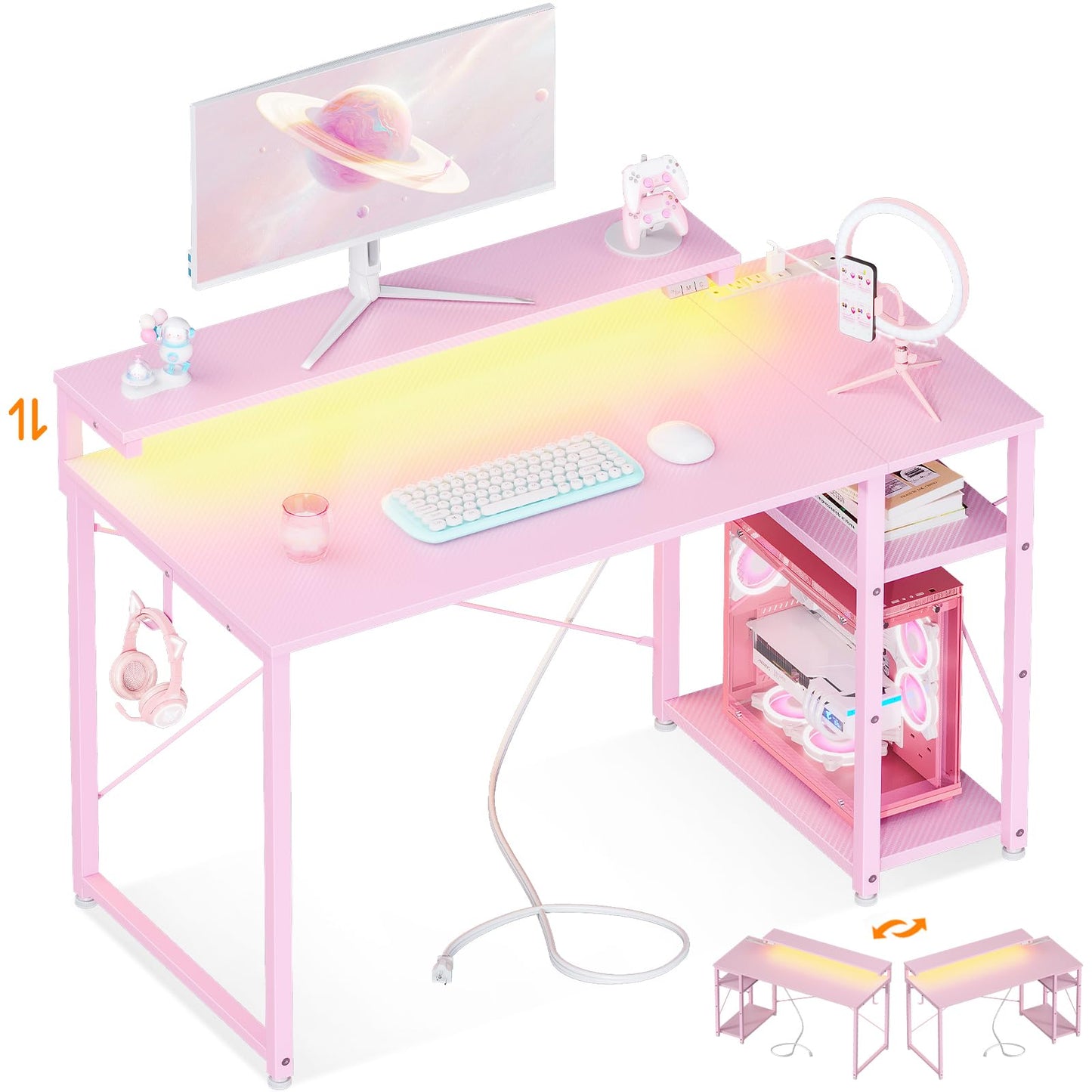 MOTPK Gaming Desk with Led Lights & Power Outlet, 40 Inch Small Gaming Computer Desk with Shelves, Reversible Gamer Desk with Adjustable Monitor Stand & Headphone Hook, Carbon Fiber Texture Pink