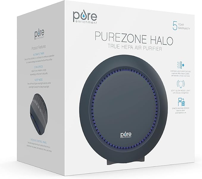 Pure Enrichment PureZone Halo Medium Room Air Purifier, 2 Stage Filtration, Purifies Air of Smoke, Pollen, Dust, and Pet Hair - Easily Fits on Tables, Desks, and Nightstands (Graphite)