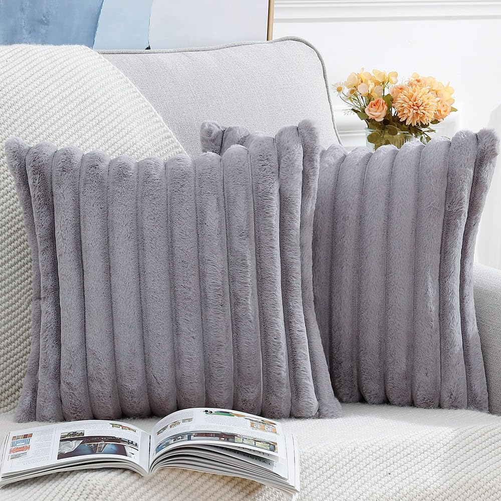 MADIZZ Set of 2 Faux Wool Plush Decorative Throw Pillow Covers 20x20 Inch Grey Fluffy Striped Soft Decorative Cushion Cover for Sofa Bedroom Pillow Shell