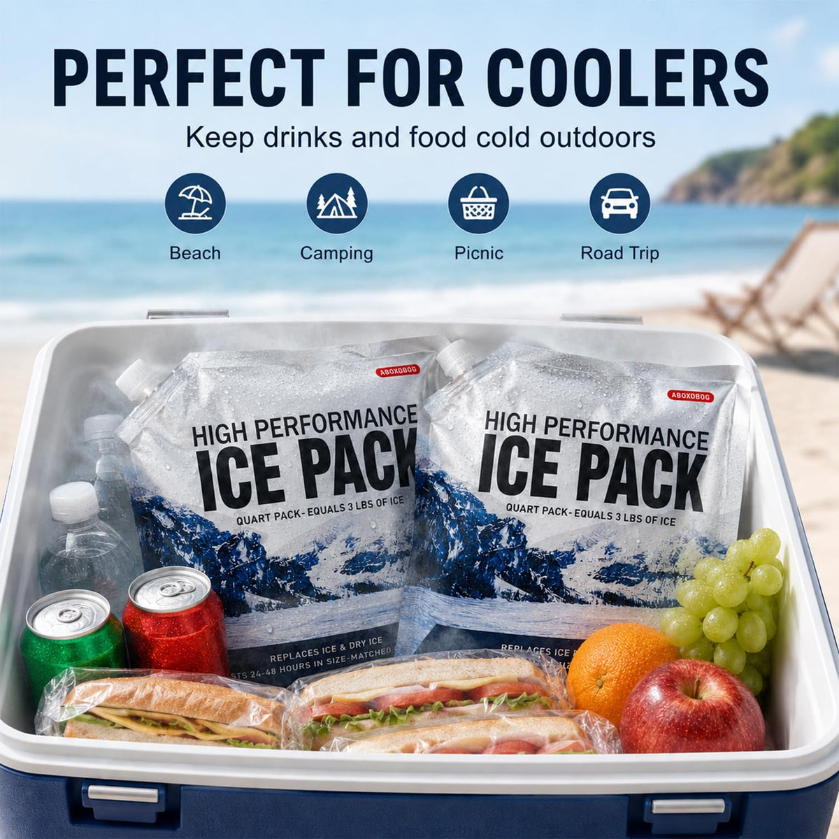 ABOXOBOG Reusable Ice Packs for Coolers Long Lasting Gel Freezer Packs for Lunch Bags Cooler Backpack Lunch Box for Camping & Picnics & Beach & Road Trips (9.8"x9.8"x5P)