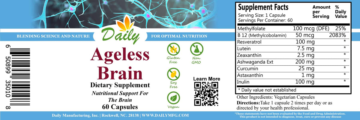 Daily Manufacturing Ageless Brain™ (Methylfolate, B12, Resveratrol, Lutein, Zeaxanthin, Ashwagandha Extract, Curcumin, Astaxanthin & Inulin)