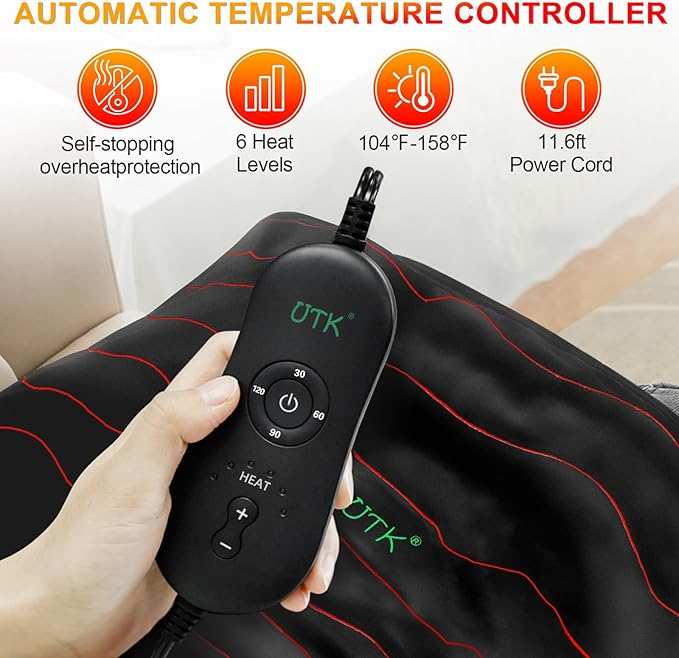 UTK Heating Pad for Back Pain Relief with Far Infrared Therapy, Infrared Heating Pad with Tourmaline, 2H Auto-Off for Shoulder, Period Cramps,Knee, Sciatica Pain Relief - 20''x24''