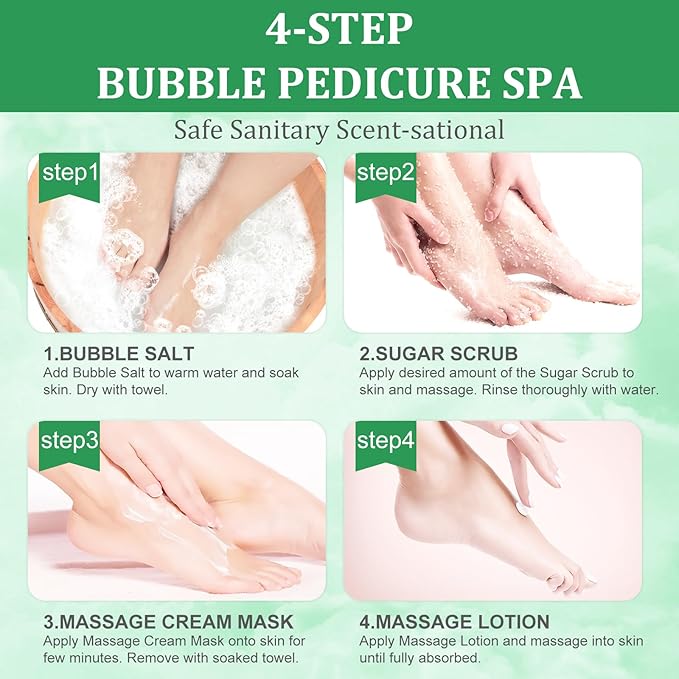 Pedicure Kit Foot Soak Set: Bubble Salt, Sugar Scrub, Massage Mask, Massage Lotion in a Box, 4 Step Foot Spa Kit for Dry Feet,Tired Feet (1 Set Eucalyptus)