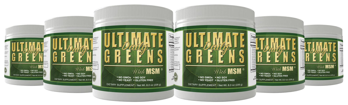Ultimate Greens with MSM Powder, Vegan Friendly Natural Ingredients Gluten Soy Free NO GMO Superfood Vegetable Nutritional Drink Alkalizing Energy 8oz 6 Pack (6 Month Supply)